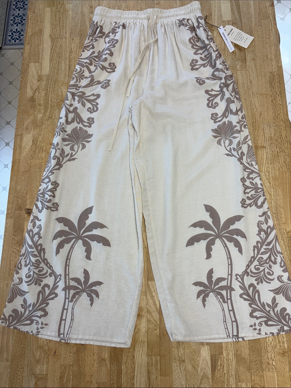 Midnight Sky Linen Blend Palm Tree Tropical Wide Leg Drawstring Palazzo Pants L